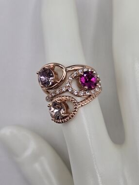 Swarovski Crystal Elements Rose Gold Statement Ring Pink Purple Size 6.75 Prom
